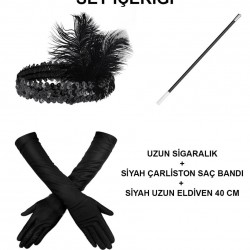 1920&#39;ler Gatsby Aksesuar Seti – Siyah Charleston Saç Bandı, Uzun Eldiven & Sigaralık
