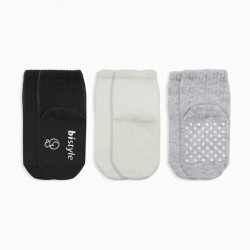 Bistyle Basic Kaymaz Penye Soket Çorap 3'Lü BS10106 Siyah Ekru Gri