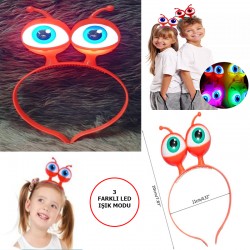 Led Işıklı & Pilli 3 Farklı Modda Yanan Uzaylı Göz Parti Tacı Kırmızı Renk 18x12 cm