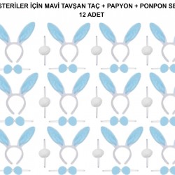 Mavi Tavşan Kostüm Seti – Taç, Papyon, Ponpon (12’li Paket)