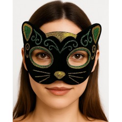 Siyah Kadife Kaplama Üzeri Sarı Yeşil Sim İşlemeli Kedi Maskesi 20x13 cm