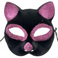 Siyah Renk Pembe Simli Süet Kedi Maskesi 18x14 cm