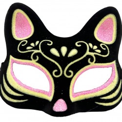 Siyah Renk Süet Kaplama Üzeri Pembe Sarı Simli Kedi Maskesi 17x14 cm