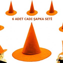 Turuncu Renk Keçe Cadı Şapkası Yetişkin Çocuk Uyumlu 6 Adet