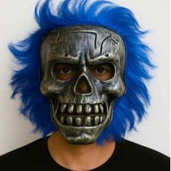 Wild Skull - Gümüş Kafatası Mavi Saçlı İskelet Maske