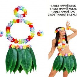Yetişkin Hawaii Kostüm Seti - Yaprak Etek & Hawaii Set - 5 Parça